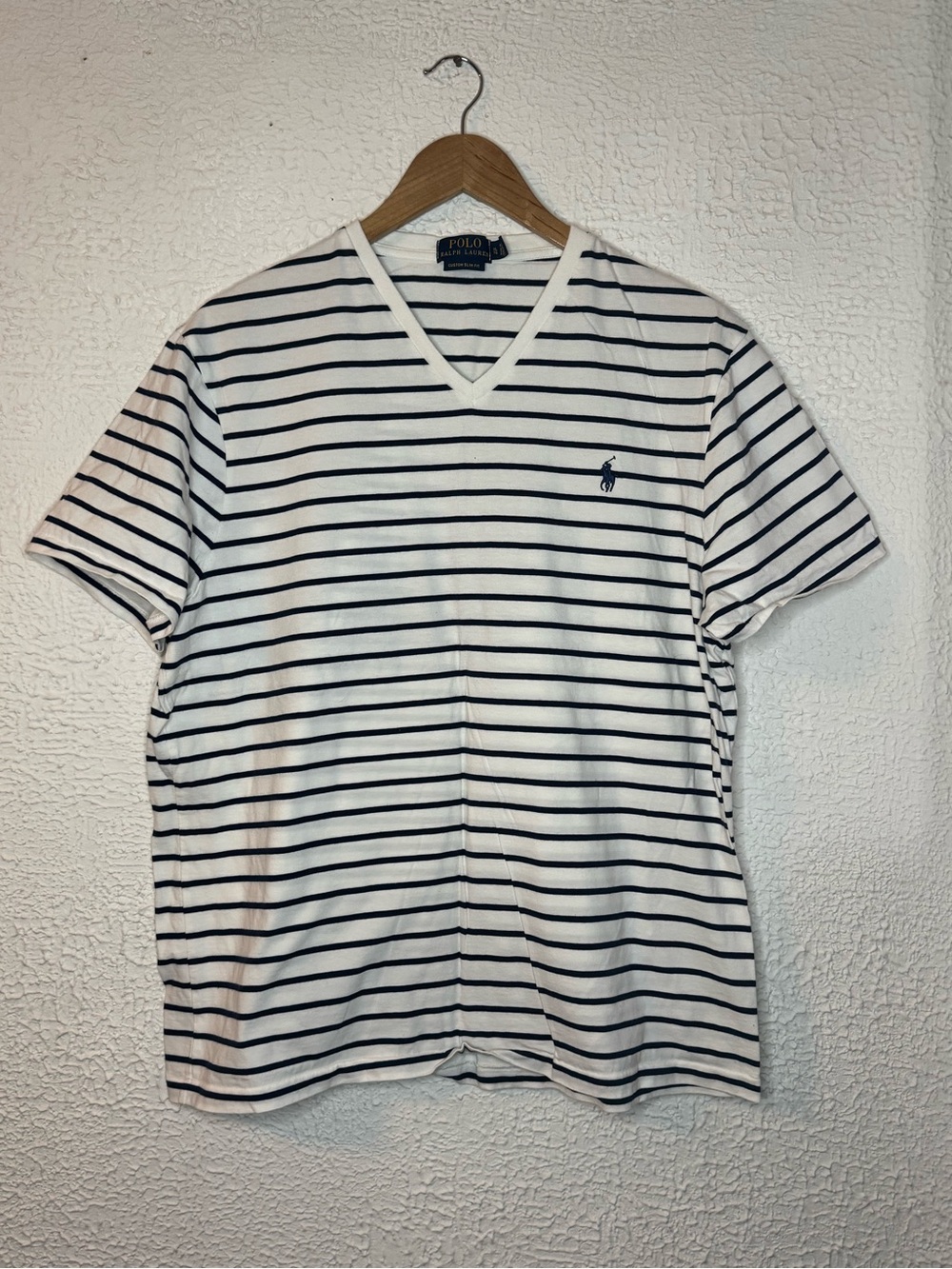 Ralph Lauren White V‑Neck Tee with Navy Stripes